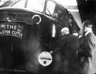 View: u08192 Unveiling of the Master Cutler service on a train being pulled by a diesel locomotive showing the Master Cutler headboard, Sheffield Midland railway station 