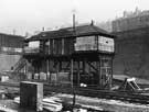 View: u08690 Derelict South Junction No.1 signal box at end of platform 5, Sheffield Midland railway station with platform 6 in the background