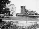 Main Road, Holmesfield Derbyshire, showing the Angel public house and St Swithin's Church Main Road, Holmesfield Derbyshire, showing the Angel public house and St Swithin's Church