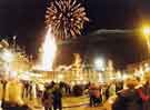 Firework display to celebrate the Millennium on Pinstone Street and the Peace Gardens with the Town Hall (left) and the Town Hall Extension (centre)