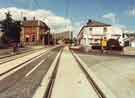 Construction of Supertram tracks on Infirmary Road showing (centre) Kelvin Flats