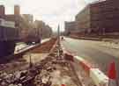 Construction of Supertram tracks on Infirmary Road showing (right) Kelvin Flats 