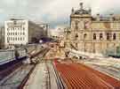 Construction of Supertram on Commercial Street showing (top left) No. 14 Barclays Bank and (top right) Gas Company offices