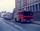 Fire engine attending a huge fire at the warehouse of the National Freight Consortium, Brightside Lane, which started on 14th December 1984.