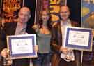 Television personality Ellie Crisell presenting certificates to childrens' authors Richard Waring (left) and Guy Parker-Rees (right) at the Sheffield Children's Book Award