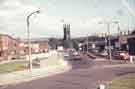 Roundabout on St. Mary's Gate at junction with (right) London Road showing (centre) St. Mary's C. of E. Church, Bramall Lane