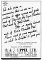 Advertisement of B and J Sippel Ltd of Sheffield (trademark Sipelia) supplier of Staybrite cutlery