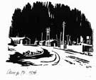 Reproduction of lino-cut drawing of Prisoner of War Camp 17 (World War 2), Redmires Road drawn by Heinz Georg Lutz when he was a prisoner there