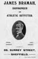 Advertisement for James Bramah, ironmonger and athletic outfitter, 39 Surrey Street, Sheffield