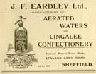 Advertisement for J. F. Eardley Ltd., manufacturers of aerated waters and cingalee confectionery, Ecclesall Mineral Water Works, Stalker Lees Road