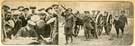 Mobilisation orders in Sheffield. On left, Hallamshire Rifles signing for duty. On the right, men of 3rd West Riding RFA bringing up gun carriage in readiness for transportation.