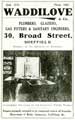 Advertisement for Waddilove and Co., plumbing, glaziers, gas fitters and sanitary engineers, Broad Street