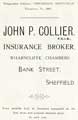 View: y05753 Advertisement for John P. Collier, insurance broker, Wharncliffe Chambers, Bank Street, Sheffield