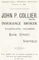 Advertisement for John P. Collier, insurance broker, Wharncliffe Chambers, Bank Street, Sheffield