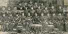 Departure of 1st and 2nd Barnsley Battalion to brigade camp. Officers of 2nd Battalion with Col. Raley (commanding) centre. The drums and bugles were presented to the Battalion by the Barnsley Freemasons. 