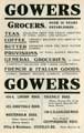 Advertisement for Gowers, grocers