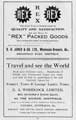 Advertisement for S. H. Jones and Co., Ltd., wholesale grocers, Broadfield Road and G. A. Woodcock Ltd., travel agents, The Wicker