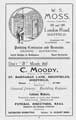 Advertisement for W. S. Moss, painter and decorator, London Road and C. Moody, joiner and funeral director, St Barnabas Lane