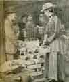 Miss Sorby is here seen buying fruit in the Sheffield Market for the hospitals. There are 3000 wounded men in Sheffield at present, and gifts of tomatoes, strawberries and cherries, which are in full season, are especially welcome at the Soldiers' Co