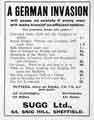 Advertisement: A German invasion will cause no anxiety ... (books, puttees, rifles etc.), Sugg Ltd., No. 54 Snig Hill Advertisement: A German invasion will cause no anxiety ... (books, puttees, rifles etc.), Sugg Ltd., No. 54 Snig Hill