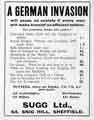 Advertisement: A German invasion will cause no anxiety ... (books, puttees, rifles etc), Sugg Ltd, Snig Hill