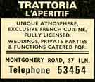 Advertisement: Trattoria L'Aperitiff, French Restaurant, Montgomery Road