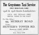 Advertisement for The Greystones Taxi Service, No.99 Murray Road