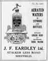 Advertisement for J. F. Eardley Ltd., manufacturers of aerated waters etc., Stalker Lees Road