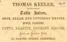 Advertisement for Thomas Keeler, manufacturer of table knives, etc., 27 Carver Street