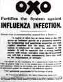 Influenza Pandemic: Advertisement for OXO - fortifies the system against influenza infection Influenza Pandemic: Advertisement for OXO - fortifies the system against influenza infection