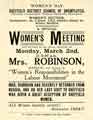 Women's Day - Sheffield District Council of Unemployed (Women's Section) special women's meeting - Mrs Robinson will lecture on Women's Responsibilities in the Labour Movement, 1920s