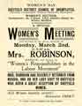 View: y11167 Women's Day - Sheffield District Council of Unemployed (Women's Section) special women's meeting - Mrs Robinson will lecture on Women's Responsibilities in the Labour Movement, 1920s