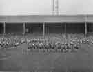 Visit of Queen Elizabeth and HRH the Duke of Edinburgh to Hillsborough football ground to see the children's display during their visit of 27th October 1954.