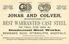 Advertisement for Jonas and Colver Ltd., steel manufacturers, Continental Steel Works, Bessemer Road, Attercliffe