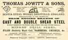 Advertisement for Thomas Jowitt and Sons, files, rasp and engineers tools manufacturer, Scotia Steel Works, Green Lane, Netherthorpe 
