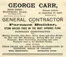 Advertisement for George Carr, general contractor / furnace builder, No.65 Carlisle Street East, Grimesthorpe