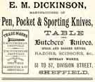 Advertisement for E. M. Dickinson, knife manufacturers, Murray Works, Nos. 51 - 57 Division Street 