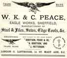 Advertisement for W. K. and C. Peace, manufacturers of steel and files, saws and edge tools, Eagle Works [Stevenson Road]
