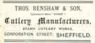 Advertisement for Thomas Renshaw and Son, cutlery manufacturers, Stand Cutlery Works, Corporation Street