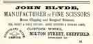 Advertisement for John Blyde, scissor manufacturers, Clintock Works, Milton Street