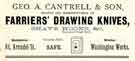 Advertisement for Geo. A. Cantrell and Son., manufacturers of farriers drawing knives, Washington Works, Wellington Street