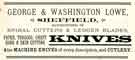 Advertisement for George and Washington Lowe, manufacturers of spiral cutters, ledger blades, knives and machine knives [139 Arundel Street]