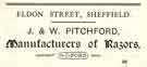 Advertisement for J. and W. Pitchford, razor manufacturers, Eldon Street