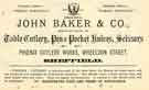 View: y11986 Advertisement for John Baker and Co., manufacturers of table cutlery, pen and pocket knives and scissors, Phoenix Cutlery Works, Wheeldon Street
