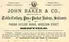 Advertisement for John Baker and Co., manufacturers of table cutlery, pen and pocket knives and scissors, Phoenix Cutlery Works, Wheeldon Street