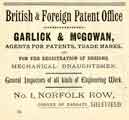 Advertisement for Garlick and McGowan, patent and trade mark agents, No.1 Norfolk Row