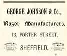 Advertisement for George Johnson and Co., razor manufacturers, No.13 Porter Street