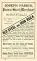 Advertisement for Joseph Parkin, iron and steel merchant, Darley Works, Savile Street, Attercliffe