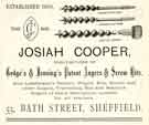 Advertisement for Josiah Cooper, augers and screw bits manufacturers, No. 53 Bath Street