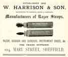 Advertisement for W. Harrison and Son, manufacturers of razor strops, No.104 Mary Street